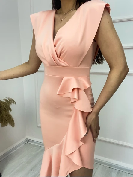 MDB cuba Kumaş Önü Fırfırlı Midi Boy Elbise - Resim 6