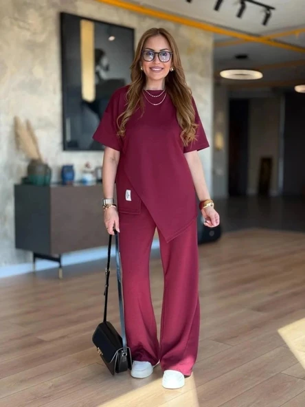 MDB Kadın Kısa Kollu Bisiklet Yaka Asimetrik Viskon Iki Iplik Bluz Ve Pantolon Ikili Takım - Resim 5