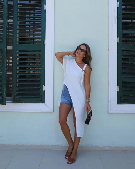 MDB Kadın Tek Omuzu Açık Askılı Asimetrik Kesim Detaylı Bluz - Resim 2