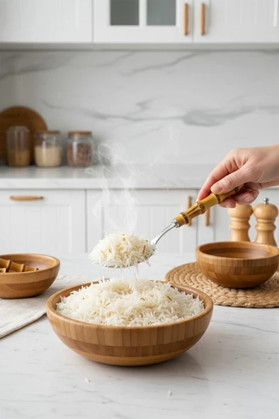 Bambum Mundo 7 Parça Bambu Saplı Çelik Mutfak Gereç Seti Çeyiz Seti Kaşık Kevgir Kepçe - Resim 3