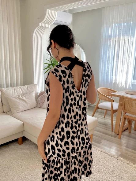 MDB Kadın Kolsuz Sırttan Bağlamalı Fırfırlı Leopar Desenli Süprem Elbise - Resim 7