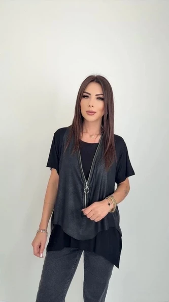 MDB Kadın Kısa Kollu Yuvarlak Yaka Viskon Bluz + Kolsuz Fermuarlı çatlak Deri Yelek - Resim 3