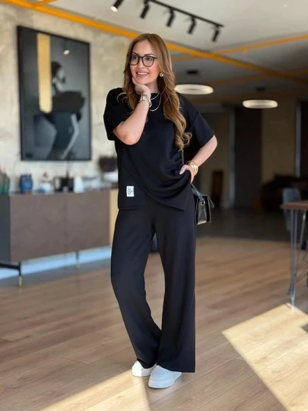 MDB Kadın Kısa Kollu Bisiklet Yaka Asimetrik Viskon Iki Iplik Bluz Ve Pantolon Ikili Takım - Resim 4