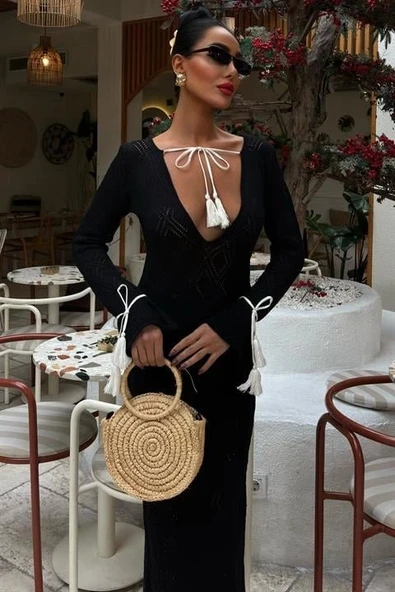 MDB Püskül Bağcık Detaylı V Yaka Ajurlu Elbise 2850 - Resim 2