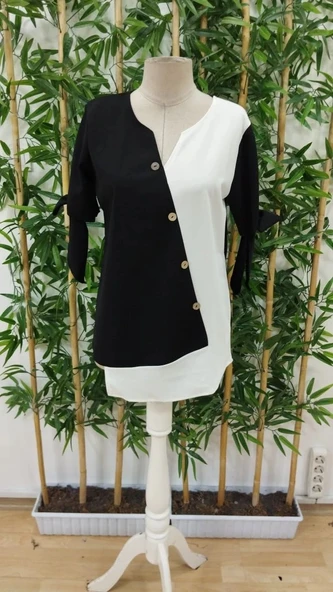 MDB Kadın Kısa Kollu Kollardan Bağlamalı önden Asimetrik Kesim çift Renk Detaylı Düğmeli Ithal Krep Bluz - Resim 7