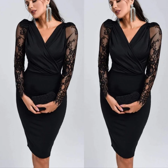 MDB Kadın Uzun Kollu Kruvaze Yaka Kollar Tül Detay Krep Mini Boy Elbise - Resim 3