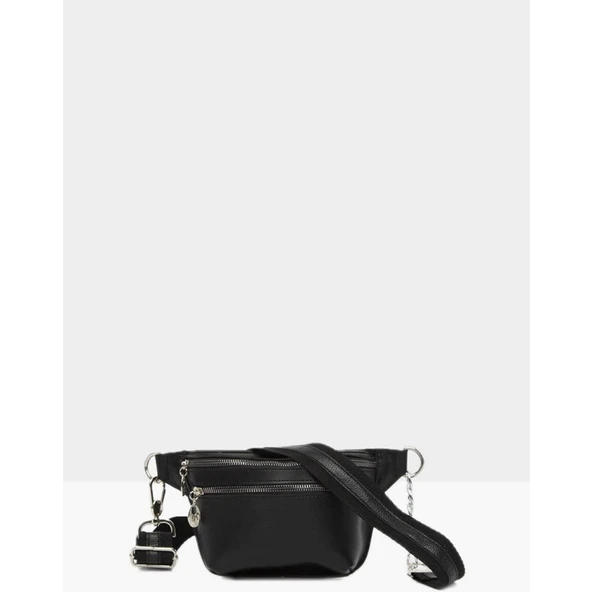 Zennur Kadın Siyah Deri Askılı Zincirli Bel Çantası - Resim 4