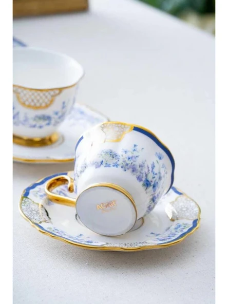 Acar HXF6556 Mavi Çiçek Desenli Gold Detaylı Beyaz Porselen Kahve Seti 6'lı ürün görseli