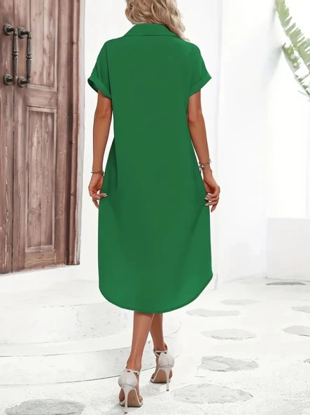 MDB Kadın Kısa Kollu Yakalı Düğme Detay Midi Dokuma Elbise - Resim 2