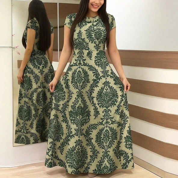 MDB Kadın Kısa Kollu Bisiklet Yaka Puantiyeli Maksi örme Krep Elbise ürün görseli 1