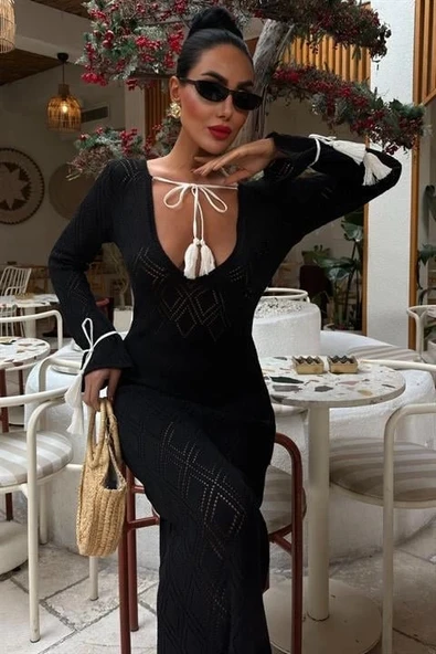 MDB Püskül Bağcık Detaylı V Yaka Ajurlu Elbise 2850 - Resim 6