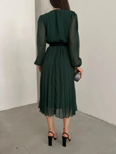 MDB Kadın şifon Kumaş Astalı Kloş Kesim Kruvaze Yaka idi Boy Elbise - Resim 3