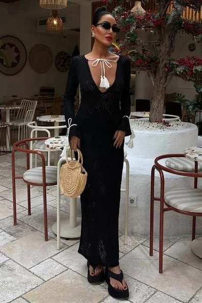 MDB Püskül Bağcık Detaylı V Yaka Ajurlu Elbise 2850 - Resim 7