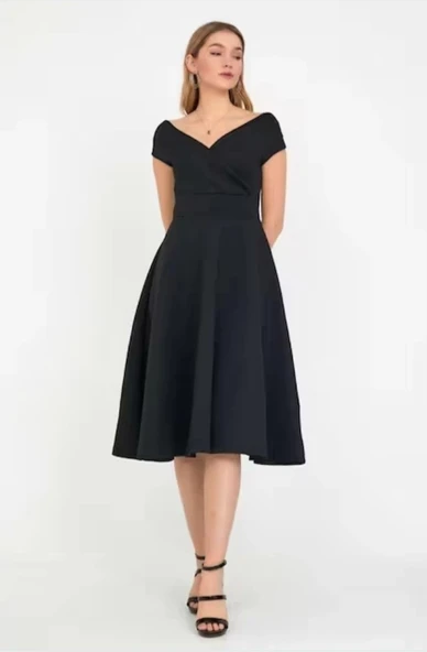 MDB Kadın Kısa Kollu Kruvaze Yaka Eteği Volanlı Krep Elbise - Resim 4