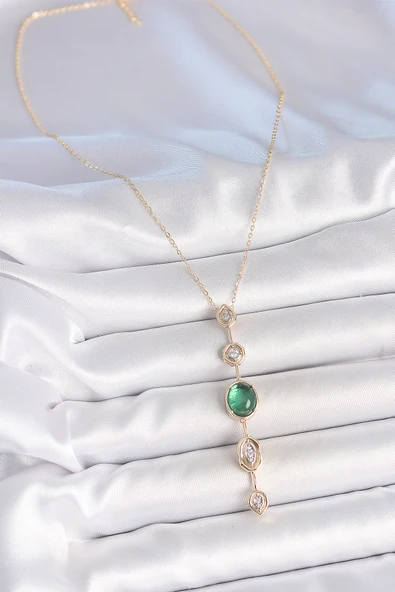 Pirinç Zincir Zümrüt Yeşil Gold Renk Zirkon Taşlı Y Kolye - TJ-BKO10229 - Resim 2