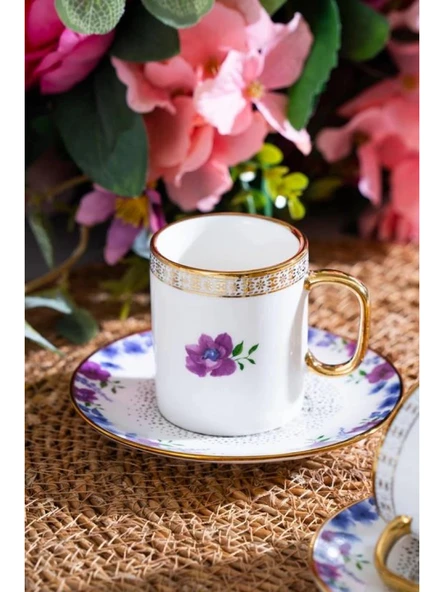 Acar KAI6901 Mor Çiçek Desenli Gold Detaylı Beyaz Porselen Kahve Seti 2'li ürün görseli
