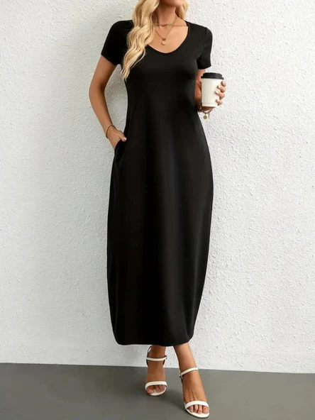 MDB Kadın Kısa Kollu Yakası Yuvarlak Cepli Viskon Elbise - Resim 3