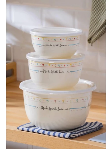 Acar XAP8526 Çiçek ve Yazı Desenli Beyaz Emaye Karıştırma Kabı Seti 3 Parça ürün görseli 1