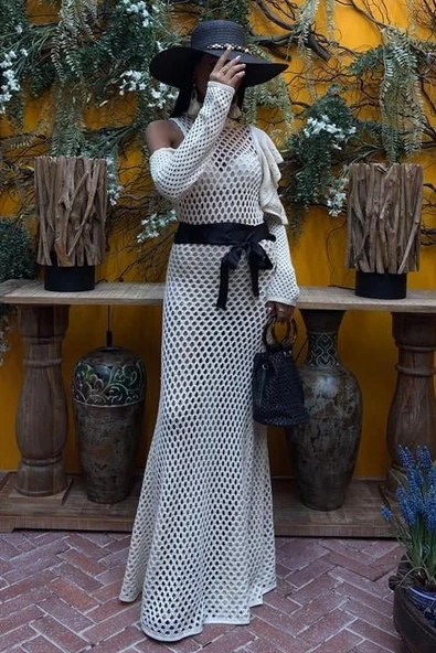 MDB Saten Kuşaklı Ajurlu Triko Elbise 2847 - Resim 2