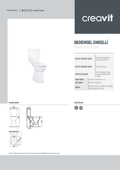 Creavit Bedensel Engelli Alttan Çıkışlı Klozet + Rezervuar + İç Takım + Çınar Yavaş Kapanan Kapak 4 'lü Set - 5