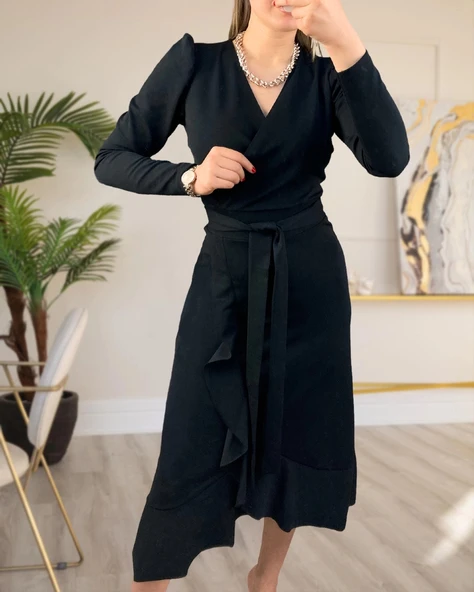 MDB Krep Kumaş idi Boy Kuşaklı Uzunkol Elbise 113 Cm - Resim 5