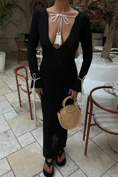 MDB Püskül Bağcık Detaylı V Yaka Ajurlu Elbise 2850 - Resim 3