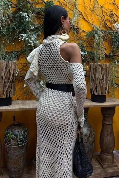 MDB Saten Kuşaklı Ajurlu Triko Elbise 2847 - Resim 4