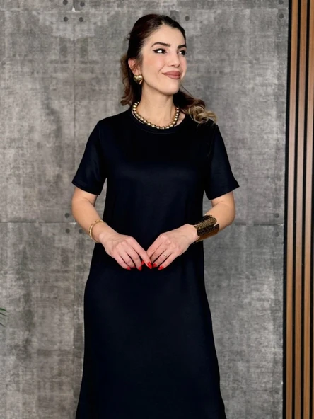 MDB Kadın Kısa Kollu Bisiklet Yaka Yırtmaçlı Viskon Iki Iplik Elbise - Resim 2