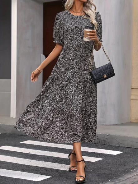 MDB Kadın Mini Leopar Desen Midi üç Kat Elbise - Resim 5