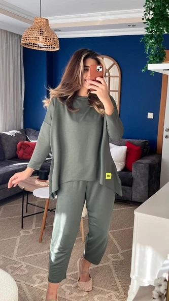 MDB Kadın Iki Iplik Viskon Pamuk Kumaş Arma Detaylı Ikili Takım - Resim 4