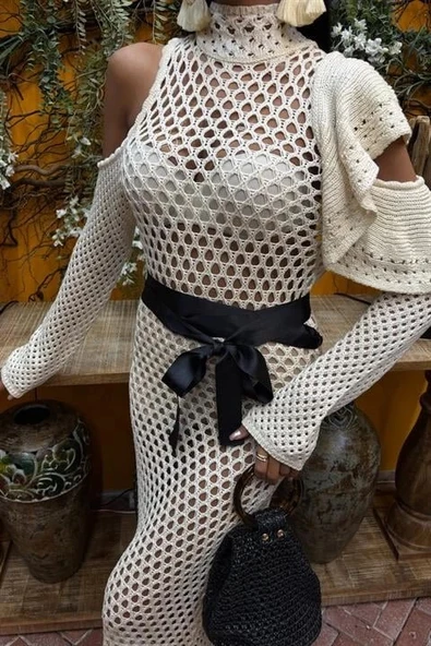 MDB Saten Kuşaklı Ajurlu Triko Elbise 2847 - Resim 6