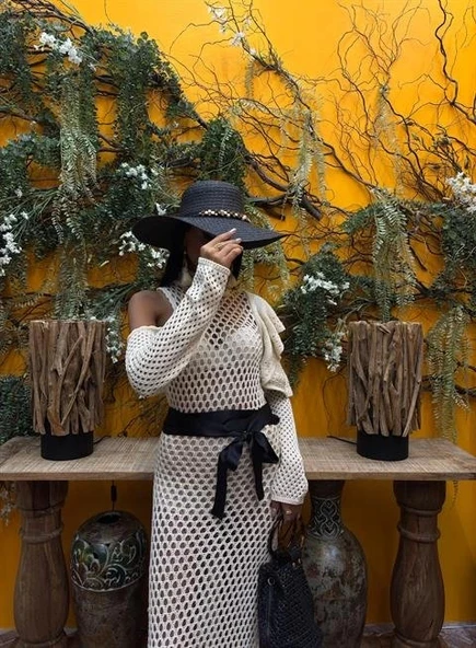 MDB Saten Kuşaklı Ajurlu Triko Elbise 2847 - Resim 5