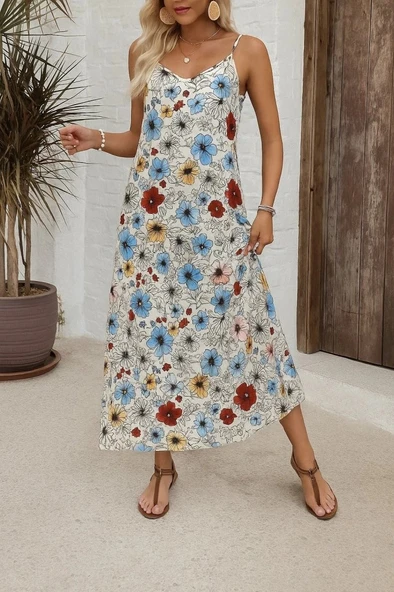 MDB Kadın Ip Askılı Geniş V Yakalı Desenli Süprem Elbise ürün görseli 1