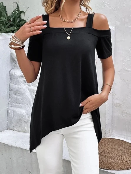 MDB Kadın Kısa Kollu Omuzlardan Açık Askılı Asimetrik Kesim Viskon Bluz ürün görseli 1