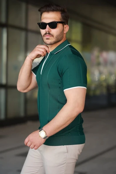 MDB Erkek Dikey Kabartmalı Örgü Dokulu Fermuar Yakalı Tişört - Resim 2