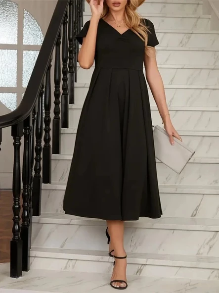 MDB Kadın Kısa Kollu V Yakalı önden Pileli Midi Janjan Krep Elbise - Resim 2