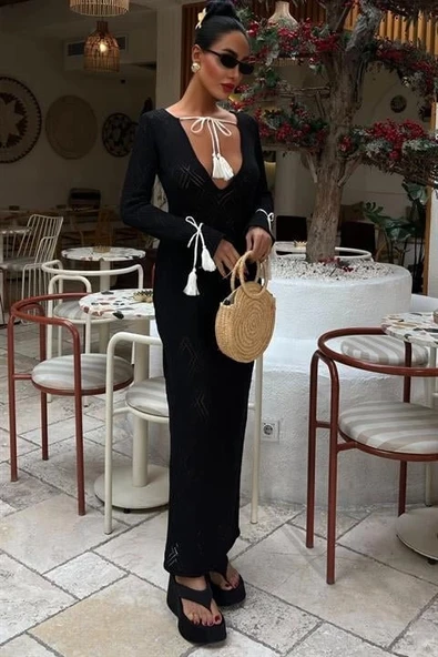 MDB Püskül Bağcık Detaylı V Yaka Ajurlu Elbise 2850 ürün görseli 1