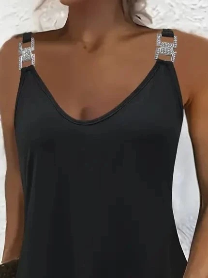 MDB Kadın Askılı V Yakalı Toka Detaylı Janjan Krep Elbise - Resim 2