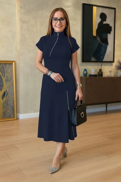 MDB Kadın Kısa Kollu Yakadan Ve Etekten Fermuarlı Midi Viskon Iki Iplik Elbise ürün görseli 1