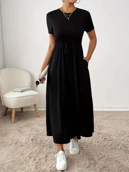 MDB Kadın Kısa Kollu Bisiklet Yaka Belden Bağcıklı Cepli Viskon Elbise - Resim 5