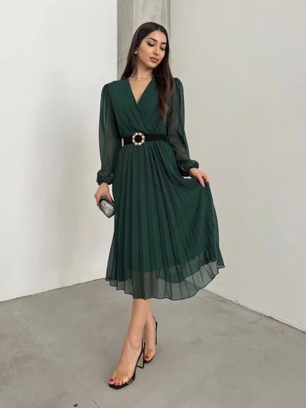 MDB Kadın şifon Kumaş Astalı Kloş Kesim Kruvaze Yaka idi Boy Elbise ürün görseli 1