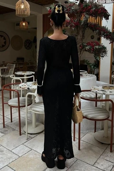 MDB Püskül Bağcık Detaylı V Yaka Ajurlu Elbise 2850 - Resim 4