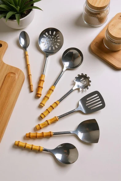 Bambum Mundo 7 Parça Bambu Saplı Çelik Mutfak Gereç Seti Çeyiz Seti Kaşık Kevgir Kepçe ürün görseli