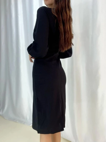 MDB Kadın Kruvaze Yaka Balon Kol idi Boy Elbise - Resim 5