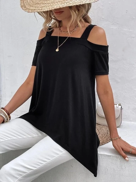 MDB Kadın Kısa Kollu Omuzlardan Açık Askılı Asimetrik Kesim Viskon Bluz - Resim 3