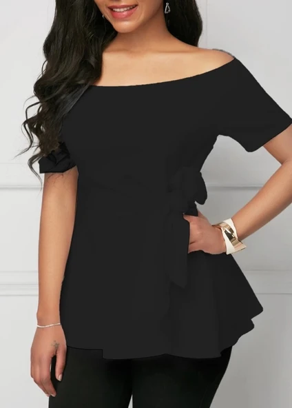 MDB Kadın Kısa Kollu Madonna Yaka Yandan Bağlamalı Ithal Krep Bluz ürün görseli 1