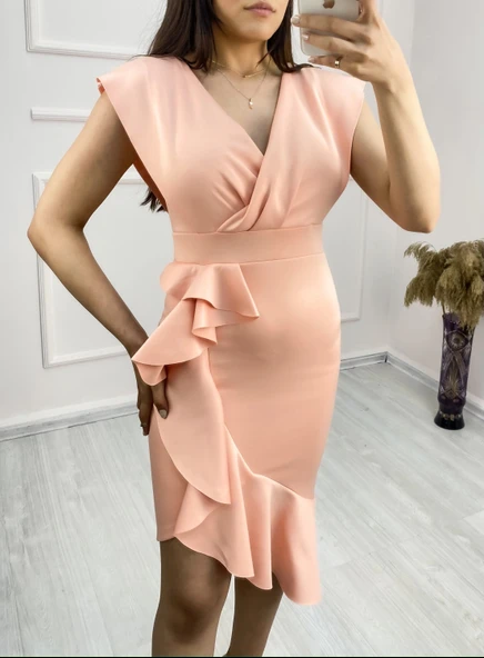 MDB cuba Kumaş Önü Fırfırlı Midi Boy Elbise - Resim 8