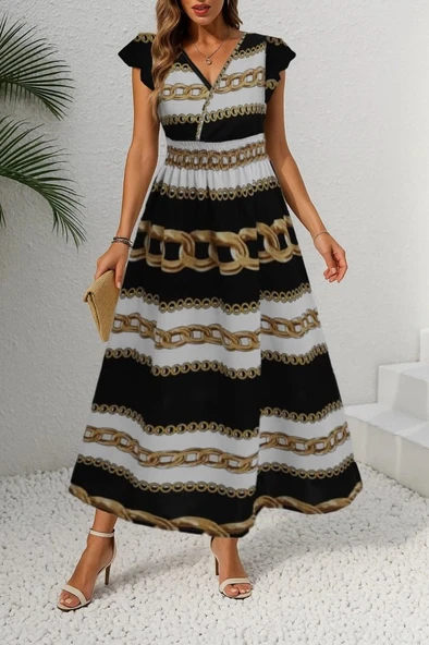 MDB Kadın Kısa Kollu Kruvaze Yakalı Beli Lastikli Desenli Maksi Boy örme Krep Elbise - Resim 3