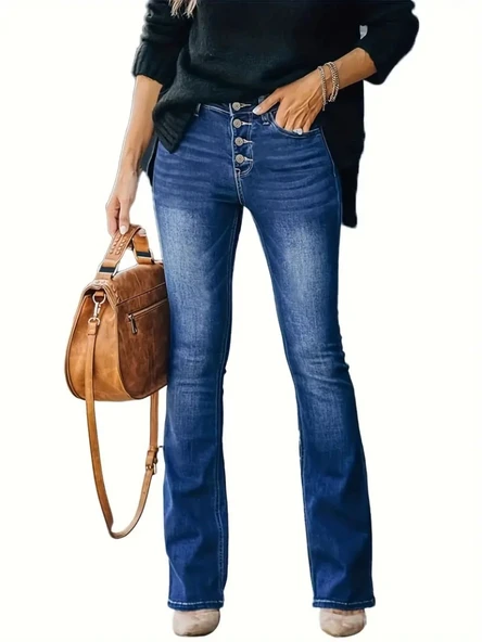 MDB Kadın Yüksek Bel önden Düğmeli Cep Detay Ispanyol Paça Denim Pantolon - Resim 6