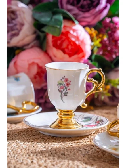 Acar KAI7517 Pembe Çiçek Desenli Gold Detaylı Beyaz Porselen Kahve Seti 6'lı ürün görseli 1